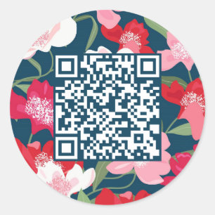 Farbenfroher roter floraler QR-Code Blau Runder Aufkleber