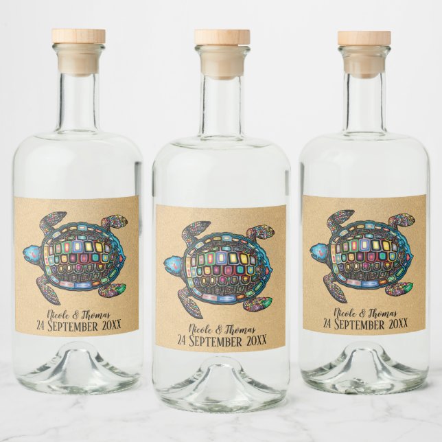 Farbenfroher Sandstrand der Schildkröte Alkoholflaschenetikett (Flaschen)