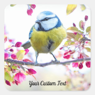 Farbenfroher Singvogel und Frühlingsblüten, Ihre N Quadratischer Aufkleber