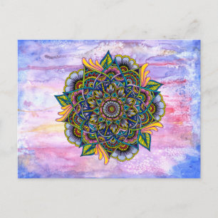 Farbenfroher Sommer Mandala mit Watercolor Hinterg Postkarte