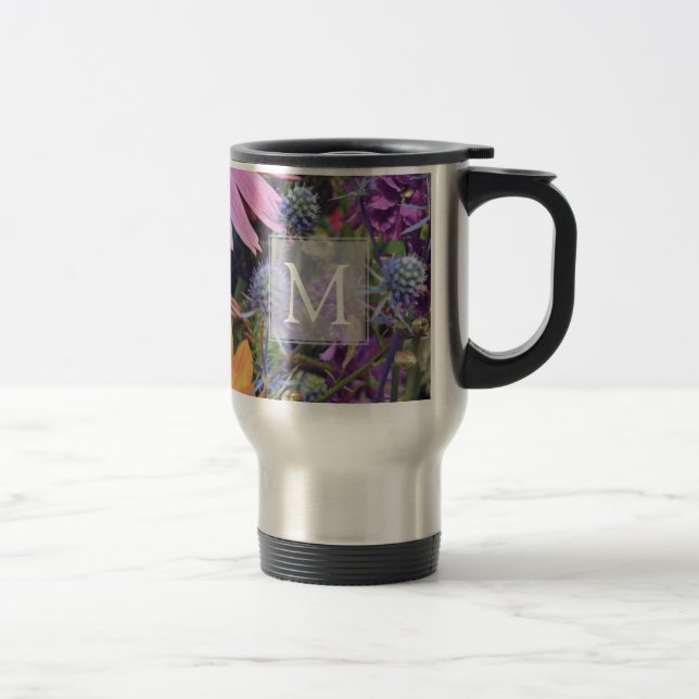 Farbenfroher Sommerblumengarten Monogramm Reisebecher (Rechts)