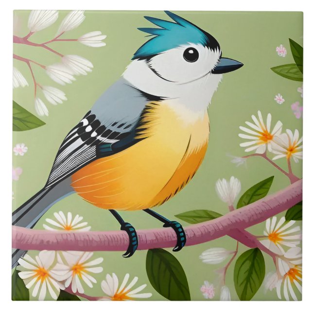 Farbenfroher Songbird auf blühenden Branchen Fliese (Vorderseite)