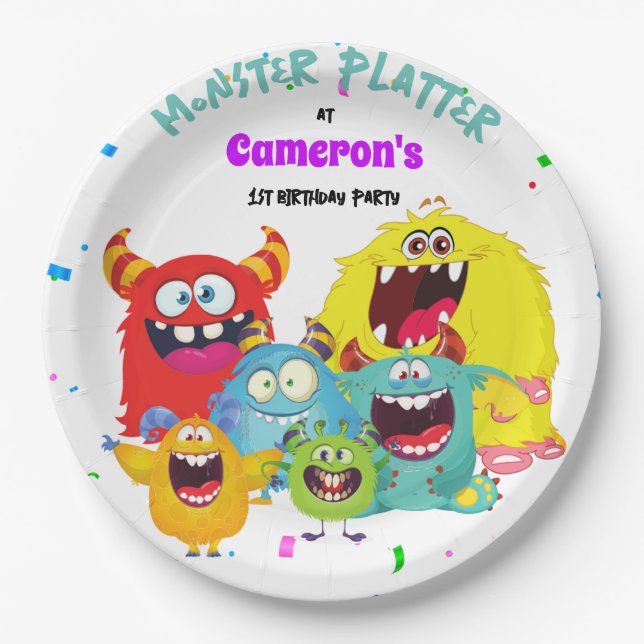 Farbenfroher Spaß Kawaii Monster Runde Pappteller (Vorderseite)