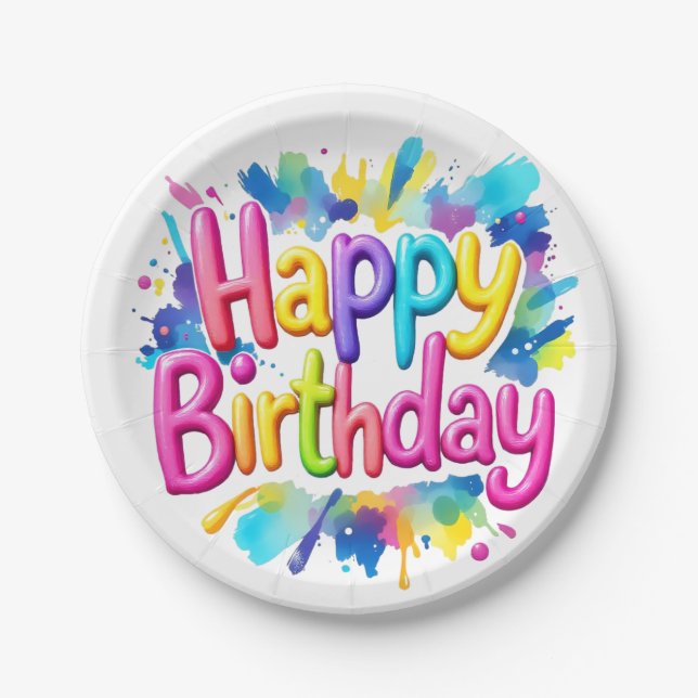Farbenfroher Spritzer "Happy Birthday" Pappteller (Vorderseite)