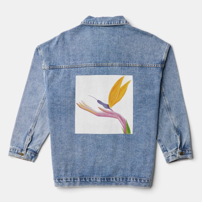 Farbenfroher, stilisierter Vogel des Paradieses Jeansjacke (Rückseite)