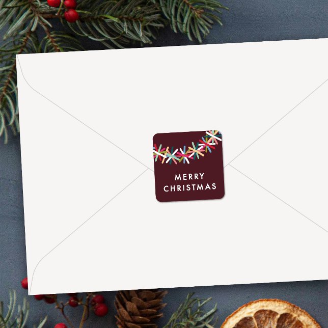 Farbenfroher Tinsel-Girlande-Frohe-Weihnachten-Auf Quadratischer Aufkleber (Von Creator hochgeladen)