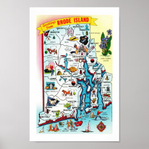 Farbenfroher Vintage-Karten-Druck von Rhode Island Poster