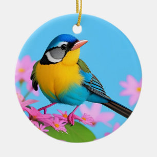 Farbenfroher Vogel auf blühendem Ast Keramik Ornament