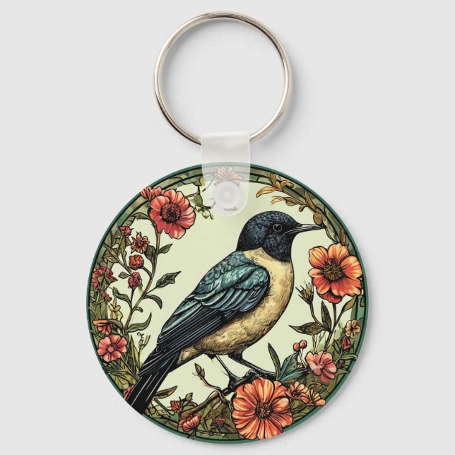 Farbenfroher Vogel im Blumendesign Schlüsselanhänger (Vorderseite)