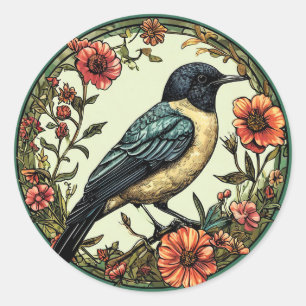 Farbenfroher Vogel in einem floralen Design Runder Aufkleber
