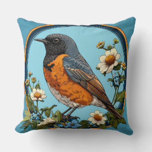 Farbenfroher Vogel mit floralem Rahmen Kissen