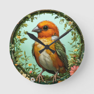 Farbenfroher Vogel mit floralem Rahmen Runde Wanduhr