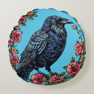 Farbenfroher Vogel mit floralem Rahmen Rundes Kissen