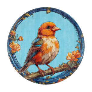 Farbenfroher Vogel mit floralem Rahmen Schneidebrett