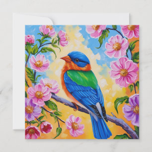 Farbenfroher Vogel mit rosafarbenen Rose Natur Karte