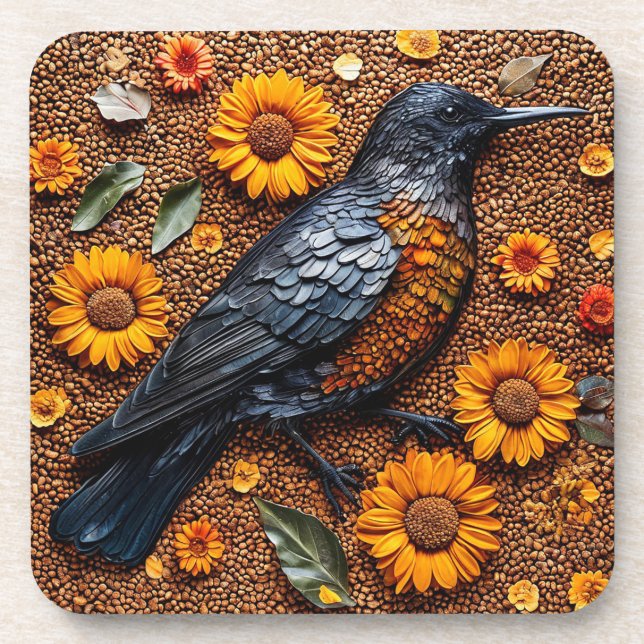 Farbenfroher Vogel mit Sonnenblumen Getränkeuntersetzer (Vorderseite)