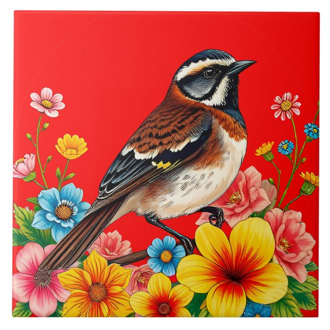 Farbenfroher Vogel unter Blume Fliese (Vorderseite)