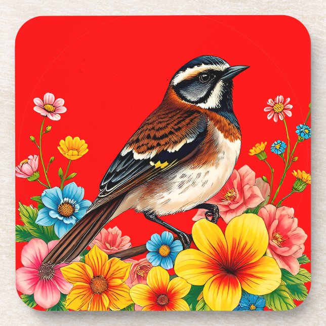 Farbenfroher Vogel unter Blume Getränkeuntersetzer (Vorderseite)