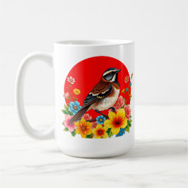 Farbenfroher Vogel unter Blume Kaffeetasse