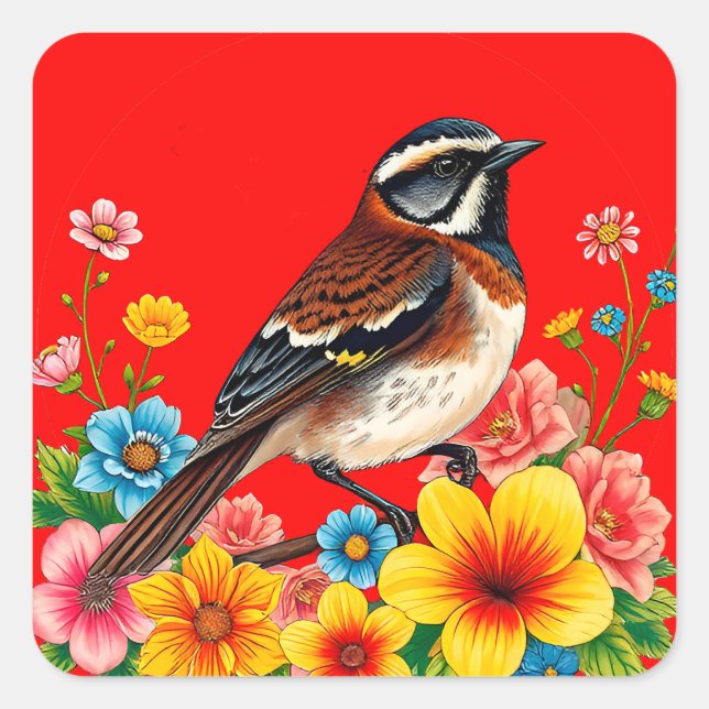 Farbenfroher Vogel unter Blume Quadratischer Aufkleber (Vorderseite)