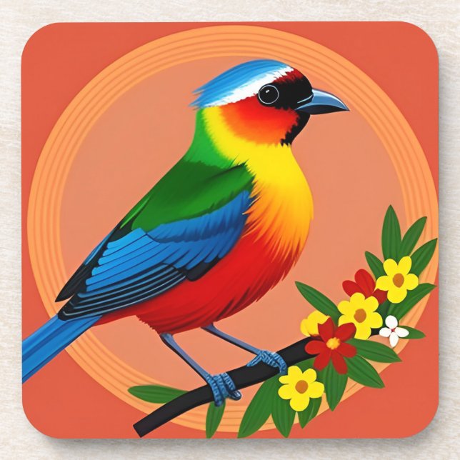 Farbenfroher Vogel unter lebhaften Blume Getränkeuntersetzer (Vorderseite)