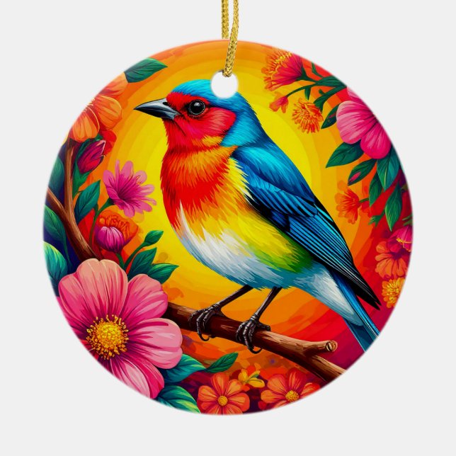 Farbenfroher Vogel unter lebhaften Blume Keramik Ornament (Vorne)