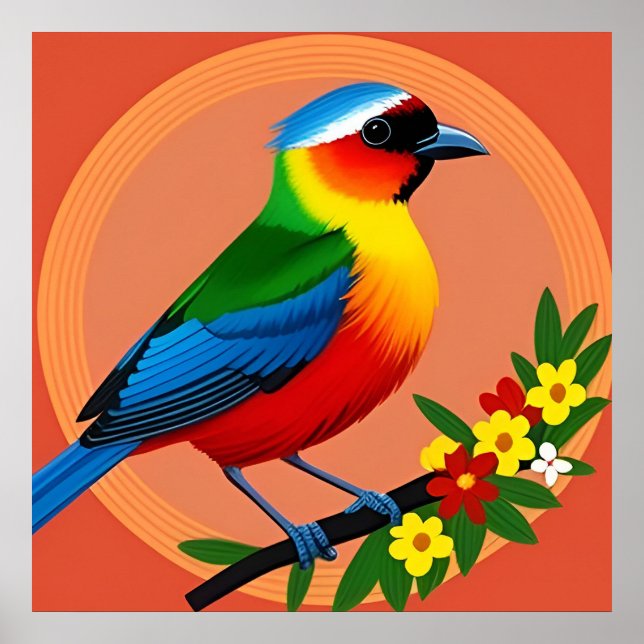 Farbenfroher Vogel unter lebhaften Blume Poster (Vorne)
