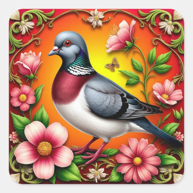 Farbenfroher Vogel unter lebhaften Blume Quadratischer Aufkleber (Vorderseite)