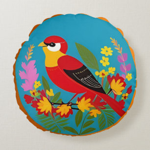 Farbenfroher Vogel unter lebhaften Blume Rundes Kissen