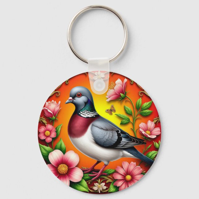 Farbenfroher Vogel unter lebhaften Blume Schlüsselanhänger (Vorderseite)