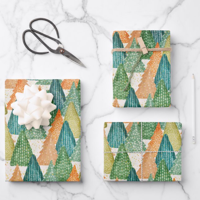 Farbenfroher Wald von Evergreen Weihnachtsbaumen Geschenkpapier Set (Vorderseite)