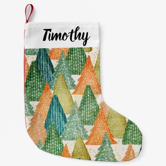 Farbenfroher Wald von Evergreen Weihnachtsbaumen Kleiner Weihnachtsstrumpf (Vorderseite)