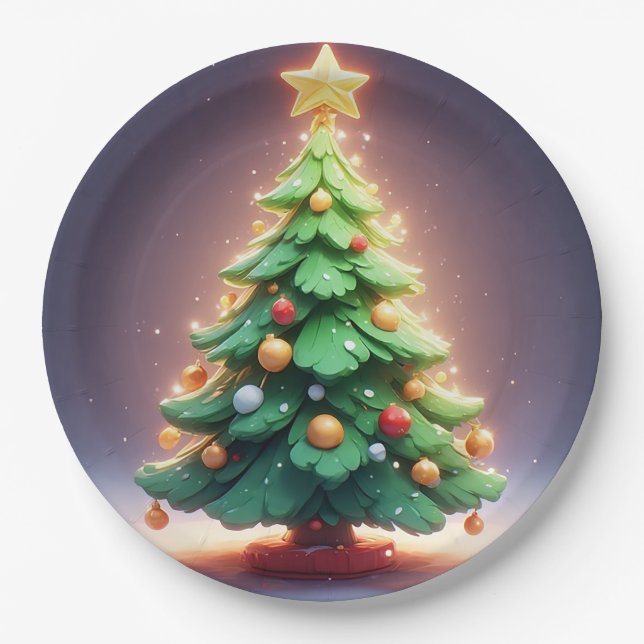 Farbenfroher Weihnachtsbaum mit Lichtern dekoriert Pappteller (Vorderseite)