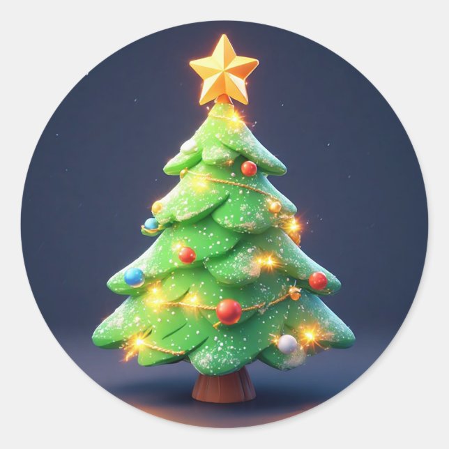 Farbenfroher Weihnachtsbaum mit Lichtern dekoriert Runder Aufkleber (Vorderseite)