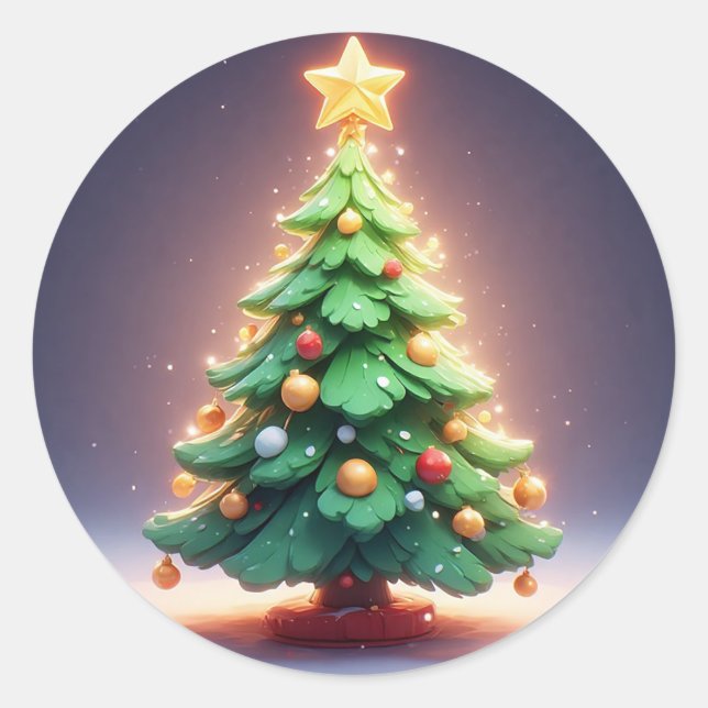 Farbenfroher Weihnachtsbaum mit Lichtern dekoriert Runder Aufkleber (Vorderseite)
