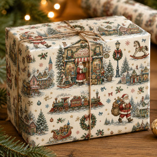 Farbenfroher Weihnachtsmann-Spielzeugladen-Dorf-Ch Geschenkpapier