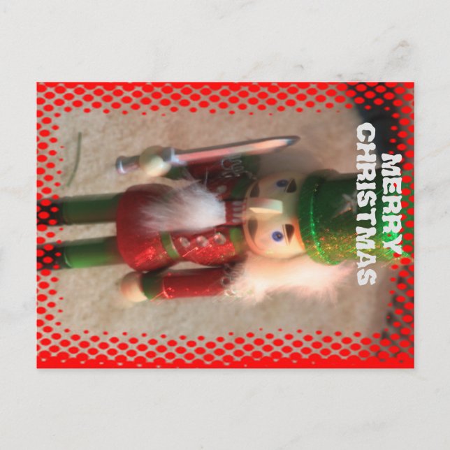 Farbenfroher Weihnachtssoldat schließt Postkarte. Postkarte (Vorderseite)