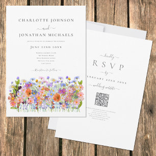 Farbenfroher Wildblumen Boho QR-Code Hochzeit Einladung