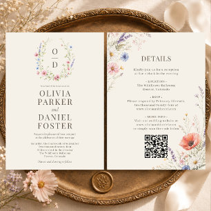Farbenfroher Wildblumen-Monogramm-QR-Code-Boho-Hoc Einladung