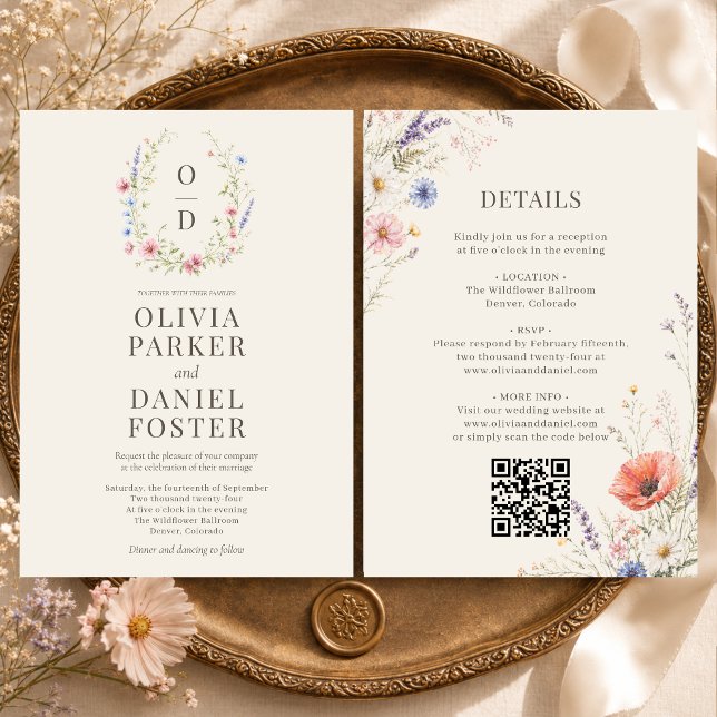 Farbenfroher Wildblumen-Monogramm-QR-Code-Boho-Hoc Einladung (Von Creator hochgeladen)