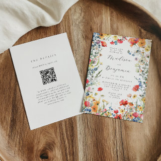 Farbenfroher Wildblumen QR-Code Hochzeit Einladung