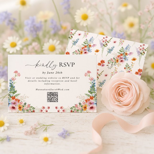 Farbenfroher Wildblumen QR-Code Hochzeit RSVP Karte (Von Creator hochgeladen)