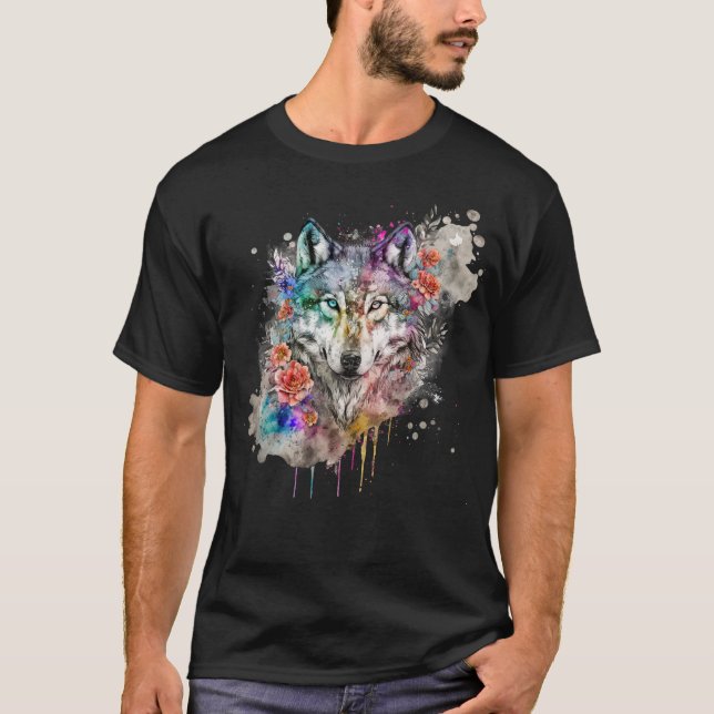 Farbenfroher Wolf und Florals Wasserfarbe in der N T-Shirt (Vorderseite)
