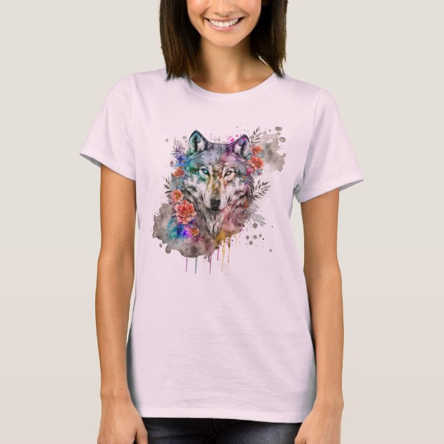 Farbenfroher Wolf und Florals Wasserfarbe in der N T-Shirt (Vorderseite)