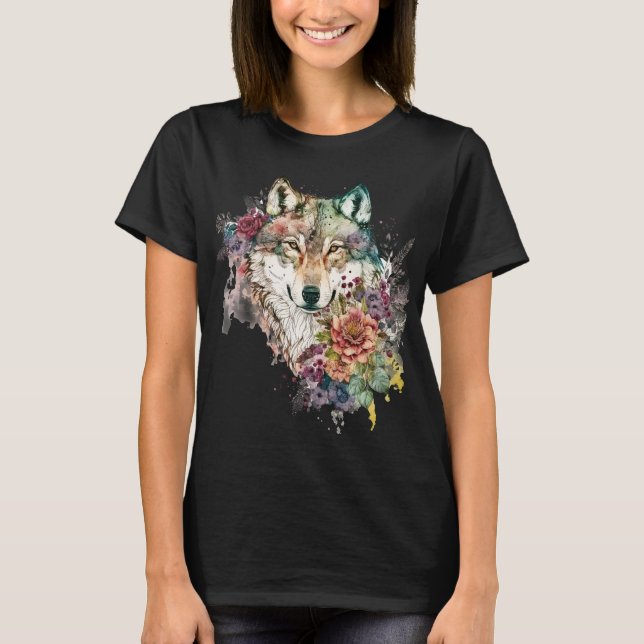 Farbenfroher Wolf und Florals Wasserfarbe in der N T-Shirt (Vorderseite)