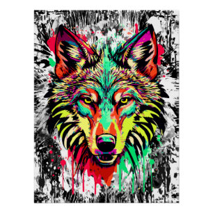 Farbenfroher Wolfskopf - Wolf Poster Print - Wolve