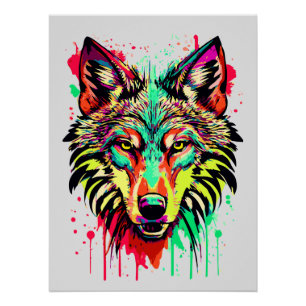 Farbenfroher Wolfskopf - Wolf Poster Print - Wolve