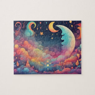 Farbenfroher Zauberhimmel mit Mond und Regenbogen Puzzle