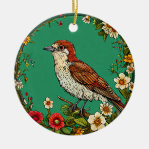 Farbenfroher Zaunkönig-Vogel zwischen blühenden Bl Keramik Ornament