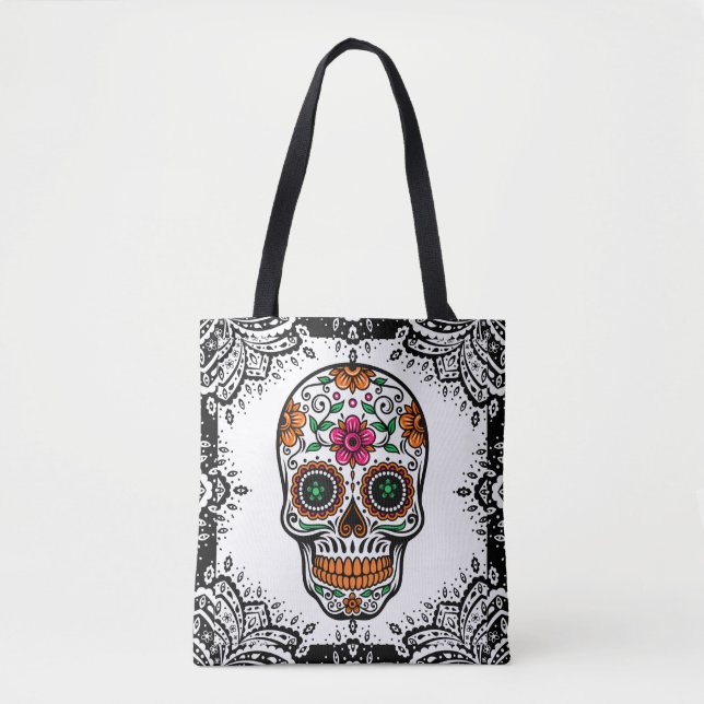 Farbenfroher Zucker-Skull Schwarz Paisley Rahmen (Vorderseite)